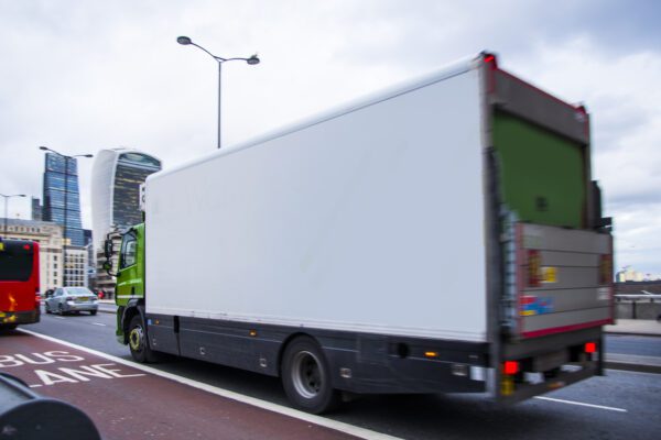 Lorry driving through London, on Southwark Bridge