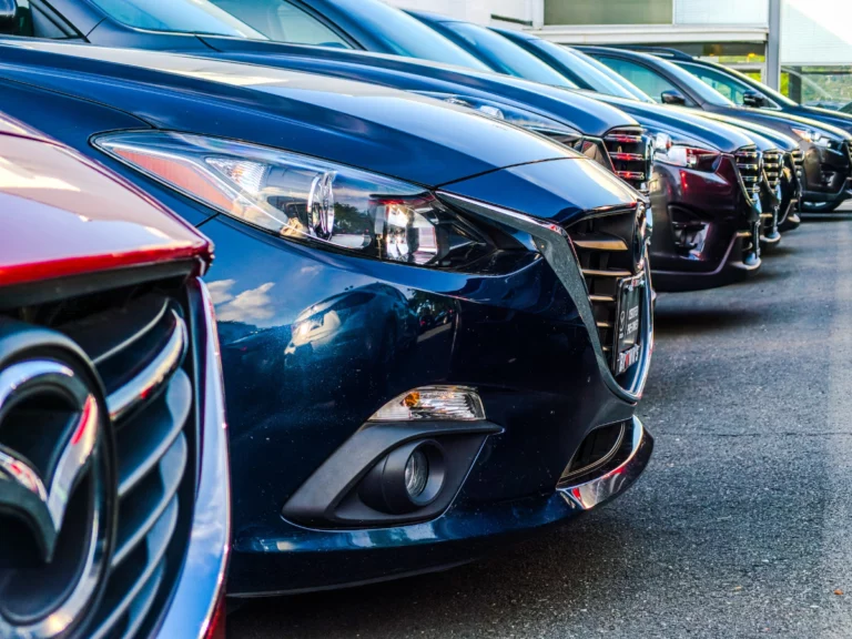 Front of cars, lined up at dealership